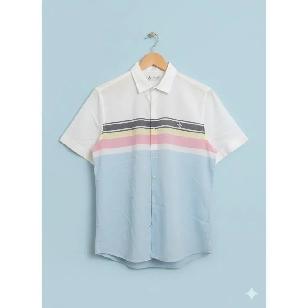 Penguin Men’s Lightweight Button Down Striped Embroidered Logo SS Shirt L